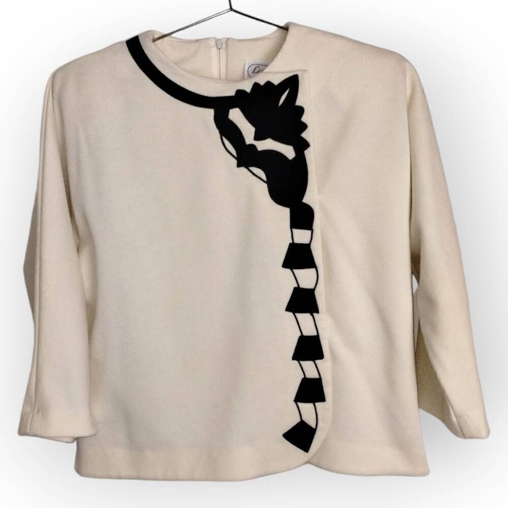 Vtg Leslie‎ Fay Womens Top Sz 10 Cream Knit Black Velvet Back Zip 60s Whimsicore